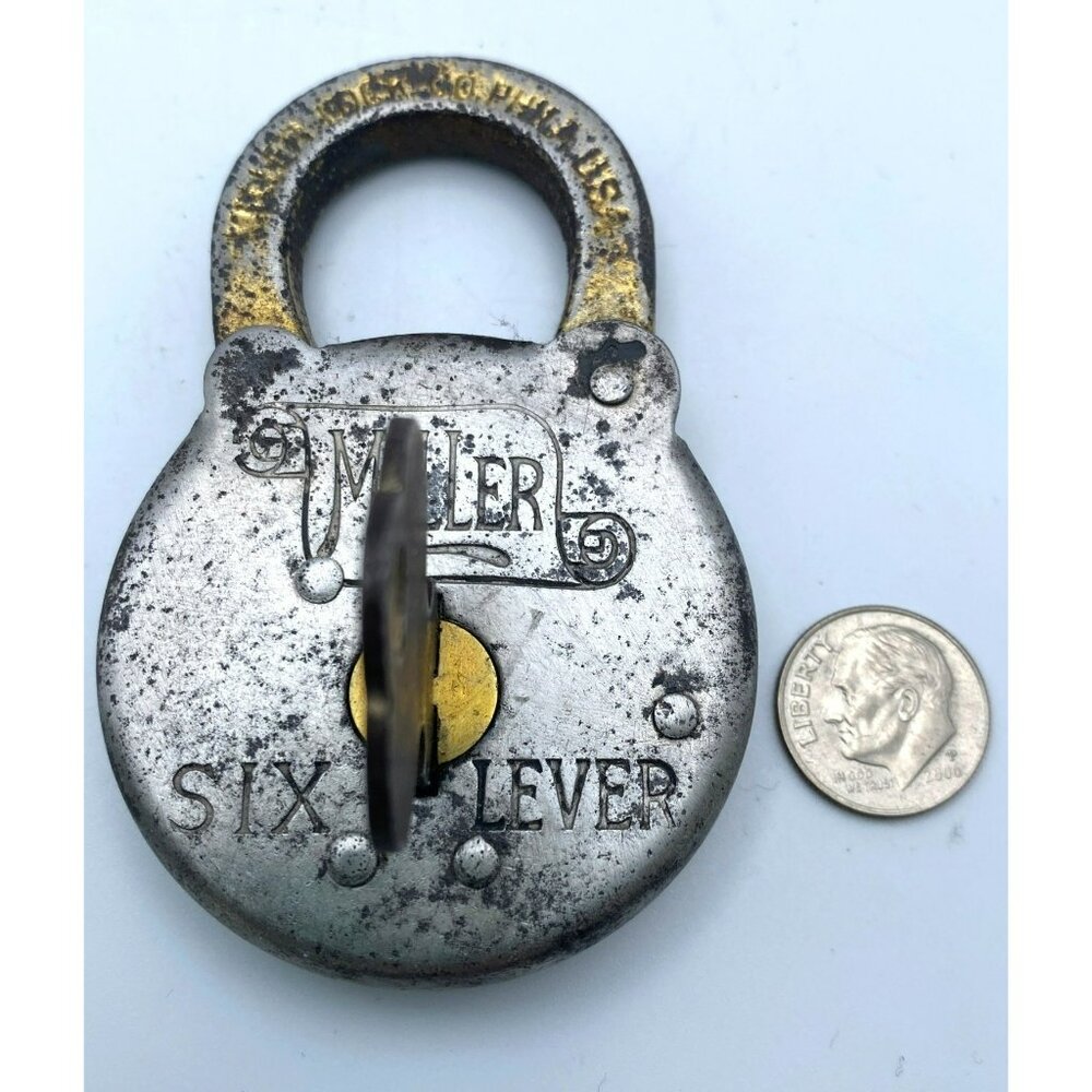 Miller Six Lever Padlock With Key Made In USA Vintage Antique Collectible Lock - Picture 8 of 8